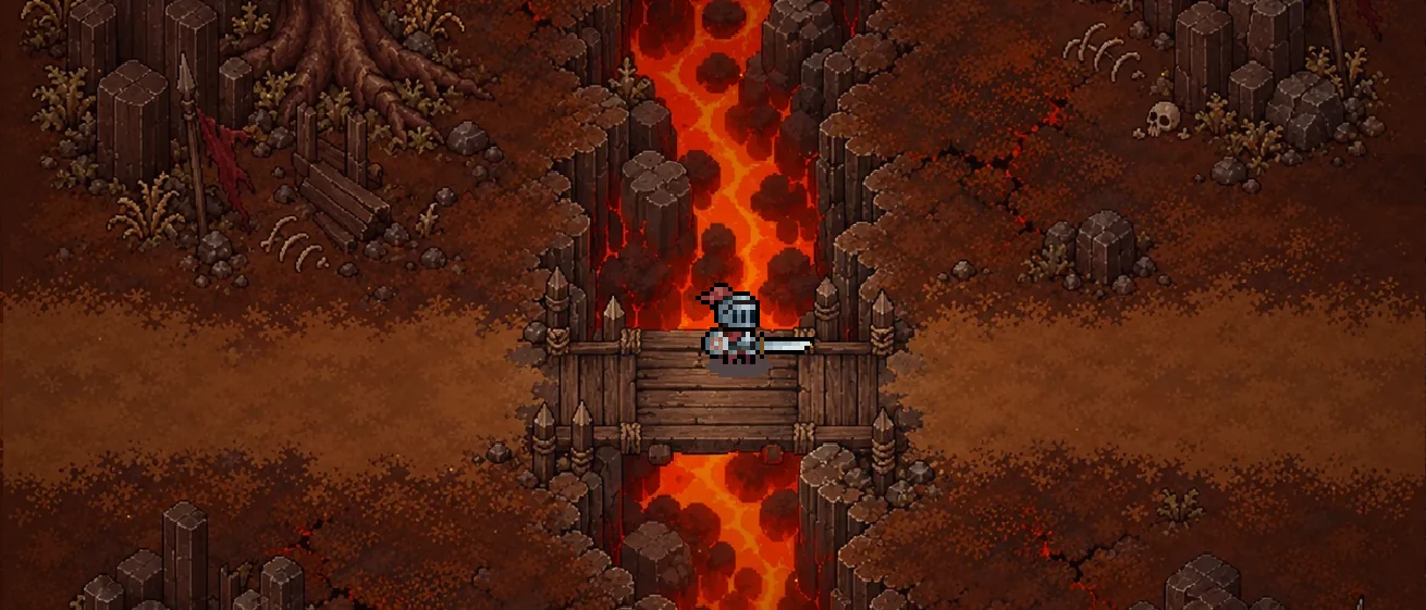 A hero crosses a wooden bridge over a river of glowing lava in the Lava Chasm.